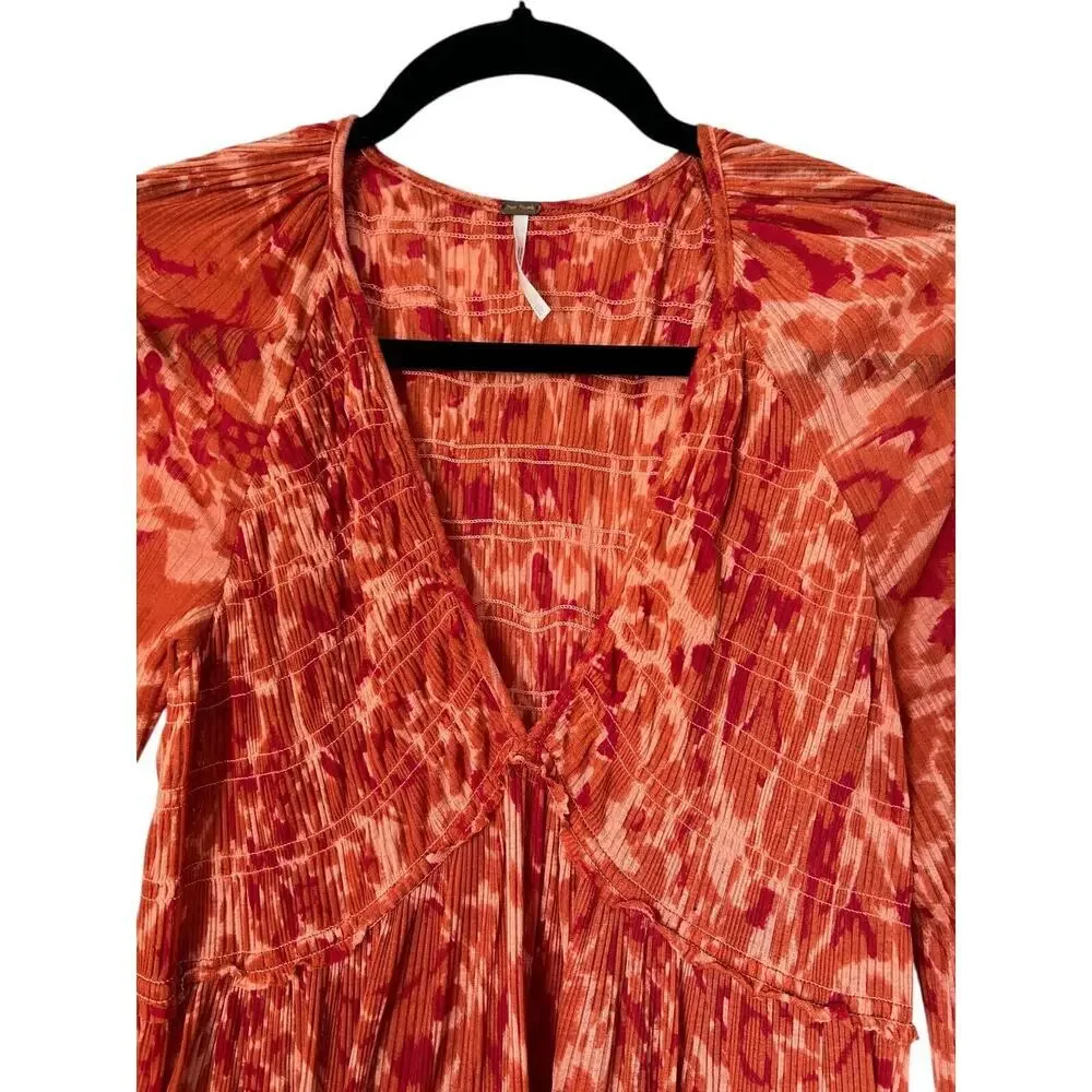 Free People Tunic Top Womens Size XS Orange Long Sleeve Gauzy Smocked Babydoll‎
